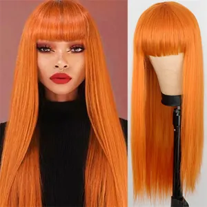 Women Long Straight Wig With Flat Bangs Heat Resistant Synthetic Fiber Full Head Wig For Cosplay Party Daily Wear
