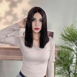 Mid-length black straight bob wig with middle part shown on a model in a cozy home setting