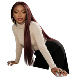 Fashionable long straight burgundy synthetic wig shown on a model with sleek finish