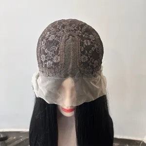 Detail view of the breathable lace front inner cap structure on long black straight hair wig