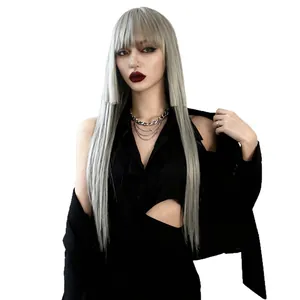 Long straight silver grey wig with bangs and hime cut styling for women fashion