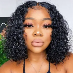 Short black curly water wave wig for women with natural synthetic afro hair style