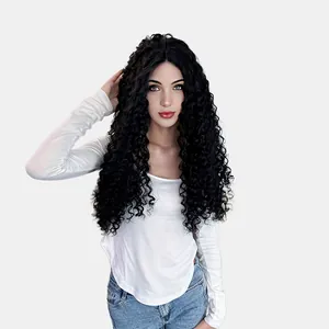 Perruque dentelle frontale longue noire ondulée avec boucles volumineuses pour femmes