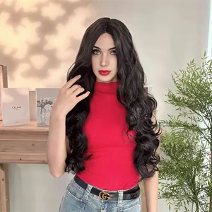 Long wavy black synthetic lace wig with natural middle part for women in elegant setting