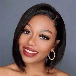 Close-up of black short Bob wig with natural hairline and sleek straight texture