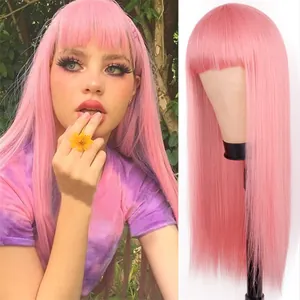 Long straight pink wig with flat bangs and high-quality synthetic fibers for women
