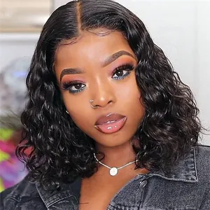 Short black curly afro wig for black women featuring deep water waves and natural middle part