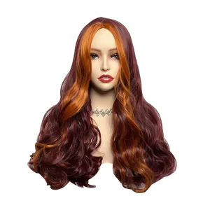 Close-up of long wavy hair with orange and burgundy ombre highlights and realistic scalp
