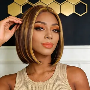 Parrucca Bob con mèches castane e bionde e riga in mezzo per donne, capelli lisci