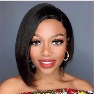 Short asymmetrical black bob wig with side part straight hair for women daily fashion