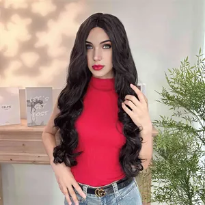 Long wavy black lace front wig with middle part for women in a natural lifestyle setting