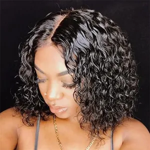 Short black curly Bob wig with natural deep wave pattern for a voluminous fashion look
