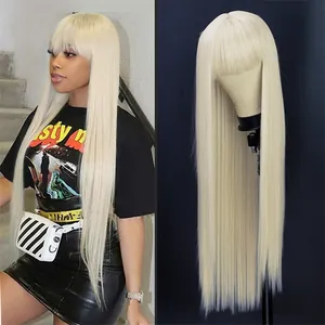 Platinum blonde long straight wig with bangs shown on model and mannequin head