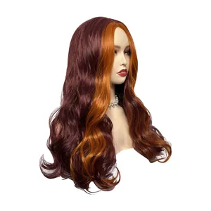Detail view of long wavy wine red wig with bright orange money piece highlights