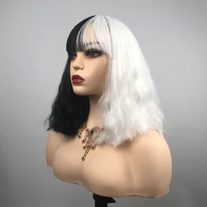 Long wavy black and white split color cosplay wig with bangs for women in Cruella style