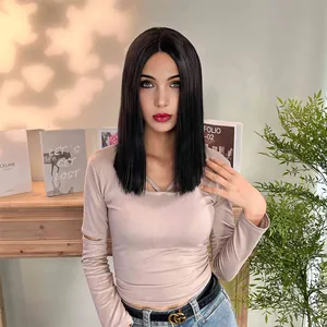 Mid-length black straight bob wig with lace front and middle part for a natural look