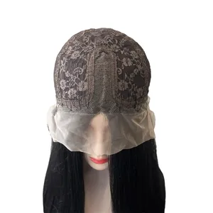 Lace front wig cap featuring long straight black hair and breathable mesh structure