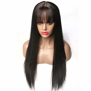 Front view of long straight hair wig with bangs on female mannequin head