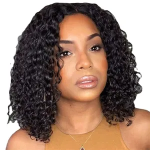 Short black afro kinky curly wig with middle part and natural voluminous hair for women