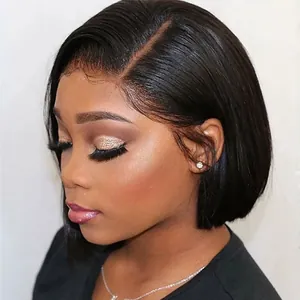 Short side-parted black Bob wig with natural lace hairline shown on a model