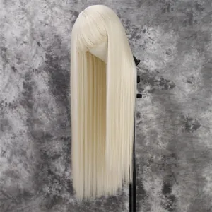 Detail of sleek platinum blonde long straight wig with fringe on a mannequin head