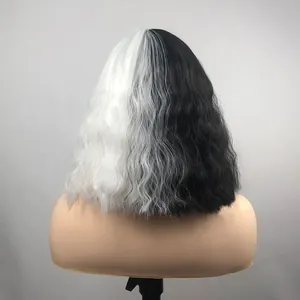 Short wavy black and white bob wig for Halloween cosplay shown from a back view perspective