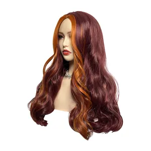 Detail of long wavy burgundy wig with orange highlights and natural fiber texture