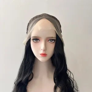 Close-up of the black long wavy wig showing realistic lace front hairline and scalp texture