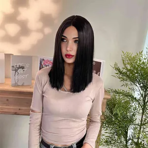 Mid-length black straight synthetic lace front wig for women with middle part
