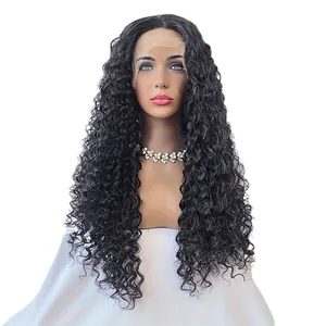 Longue perruque noire à dentelle frontale avec boucles d'eau et ligne de cheveux naturelle