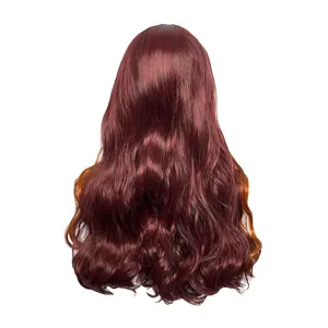 Detail of long wavy burgundy wig showing thick texture and realistic fiber silkiness