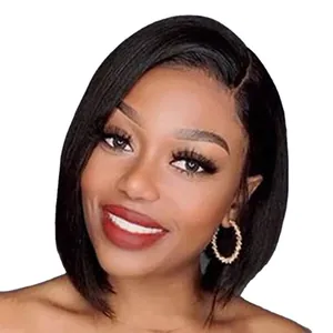 Short bob wig in natural black color with side swept bangs for women fashion