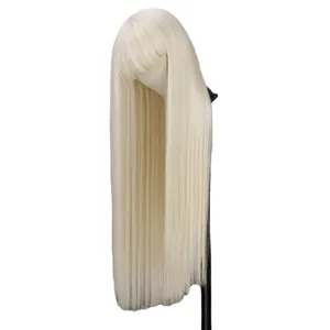 Long straight platinum blonde wig with flat bangs on mannequin, sleek synthetic hair