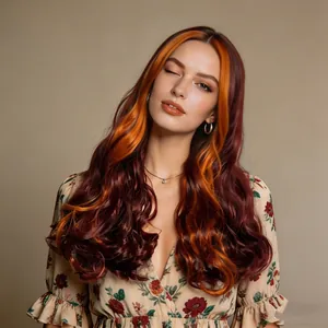 Detailed view of long wavy wig with striking orange highlights on dark auburn synthetic hair