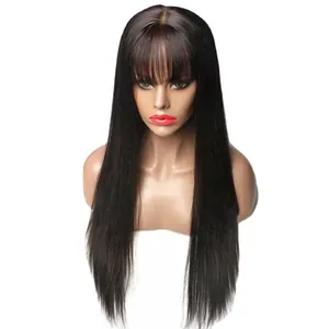 Long straight hair wig with air bangs on mannequin head, natural black color