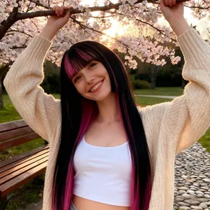 Peluca Lolita larga y negra con reflejos rosa fucsia y flequillo bajo el sol