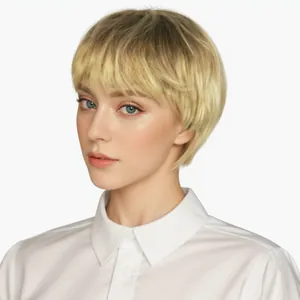 Women Short Golden Brown Ombre Wig Pixie Cut With Side Swept Bangs Synthetic Heat Resistant Fiber Natural Daily Hair Wig