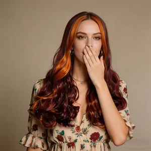 Long wavy synthetic wig for women in auburn red with bright orange money piece highlights