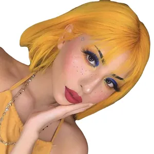 Short bright yellow bob wig with flat bangs for women, vibrant ginger yellow fashion hairstyle