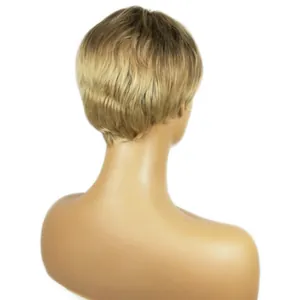 Short layered golden brown ombre synthetic wig with side bangs for women back view