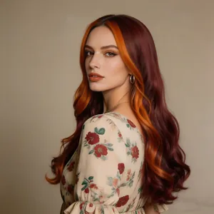 Long wavy burgundy wig with bright orange face-framing highlights and realistic scalp