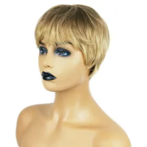 Short blonde ombre wig for women with dark roots and bangs on a mannequin head