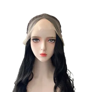 Lace front long wavy black synthetic wig with natural hairline on mannequin head