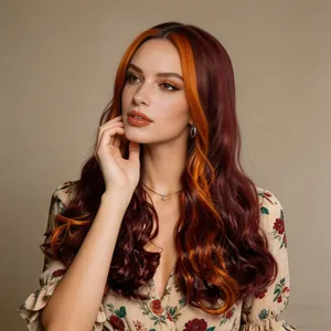 Long wavy synthetic wig in ginger and burgundy with face-framing orange highlights