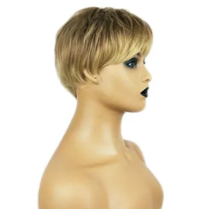 Short golden brown mixed wig with side bangs for women, high-quality synthetic hair wig
