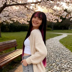 Detalle de peluca larga lisa negra con mechas rosas y flequillo en el exterior