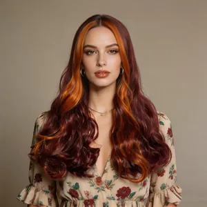 Long Wavy Wig For Women Wine Red Orange Highlights Synthetic Heat Resistant Fiber Middle Part Hair Extensions For Party