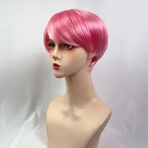 Short bright pink synthetic wig with side bangs on a mannequin head for cosplay