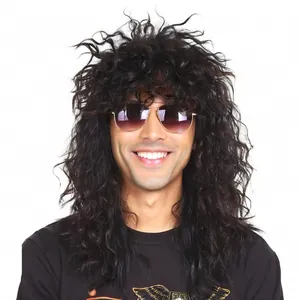 Men Punk Rock Black Long Curly Wig High Temperature Synthetic Fiber Fluffy Hair Cap For Halloween Cosplay Costume Party