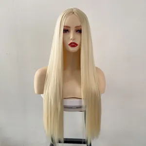 Front view of long straight platinum blonde synthetic wig on mannequin head